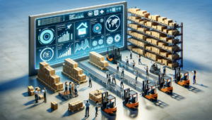 Armazém automatizado com tecnologias digitais, gráficos em tempo real e colaboradores otimizando processos logísticos