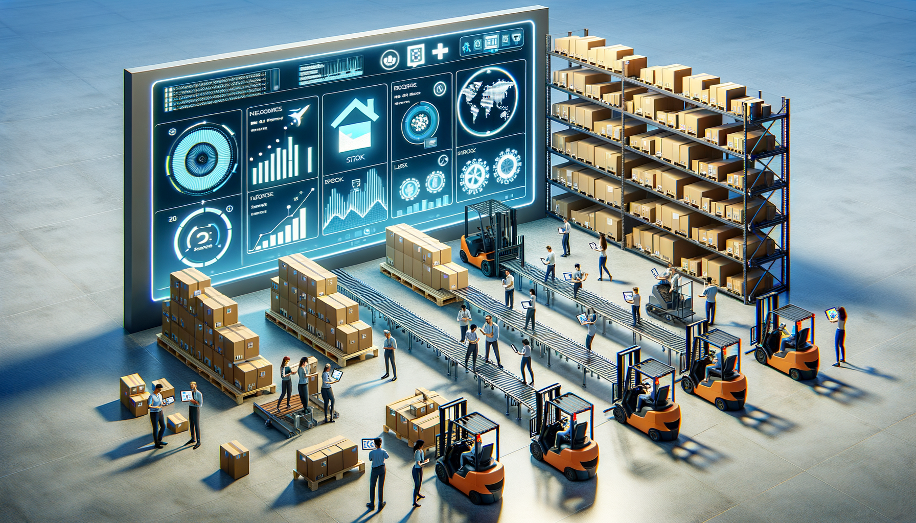 Armazém automatizado com tecnologias digitais, gráficos em tempo real e colaboradores otimizando processos logísticos