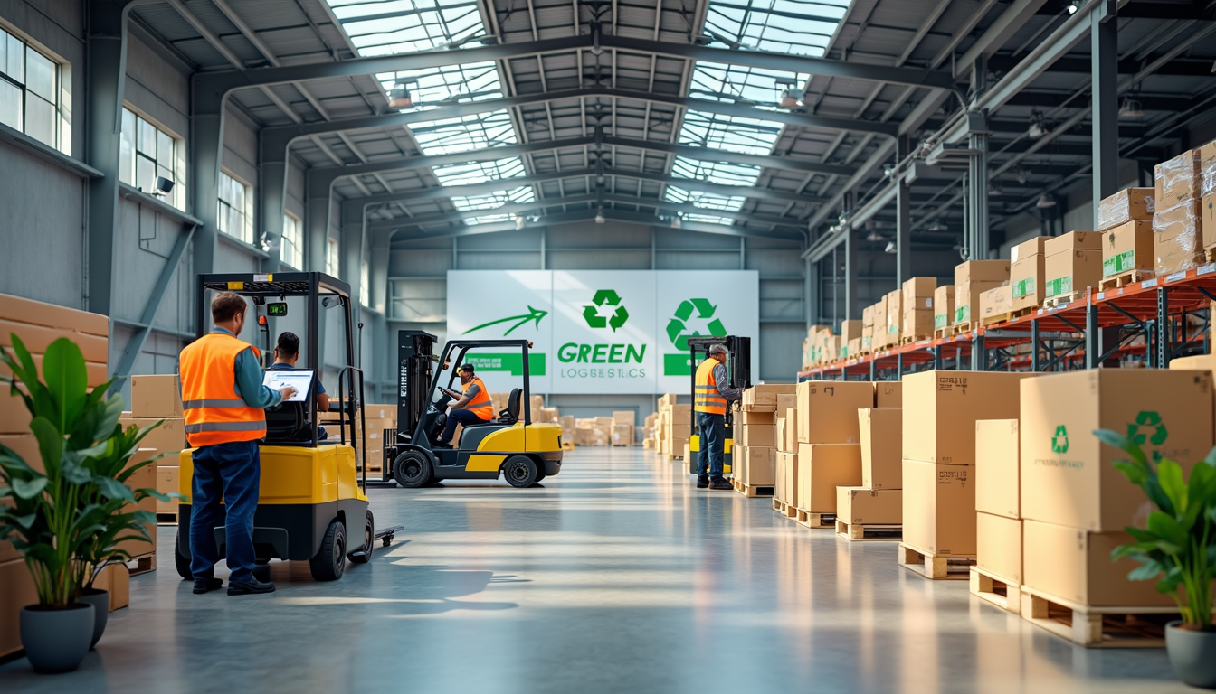 Armazém logístico sustentável com empilhadeiras, caixas recicláveis e sinalização de green logistics