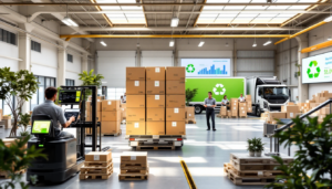 Centro logístico sustentável com caixas recicláveis, empilhadeiras automatizadas e gráficos de eficiência operacional.