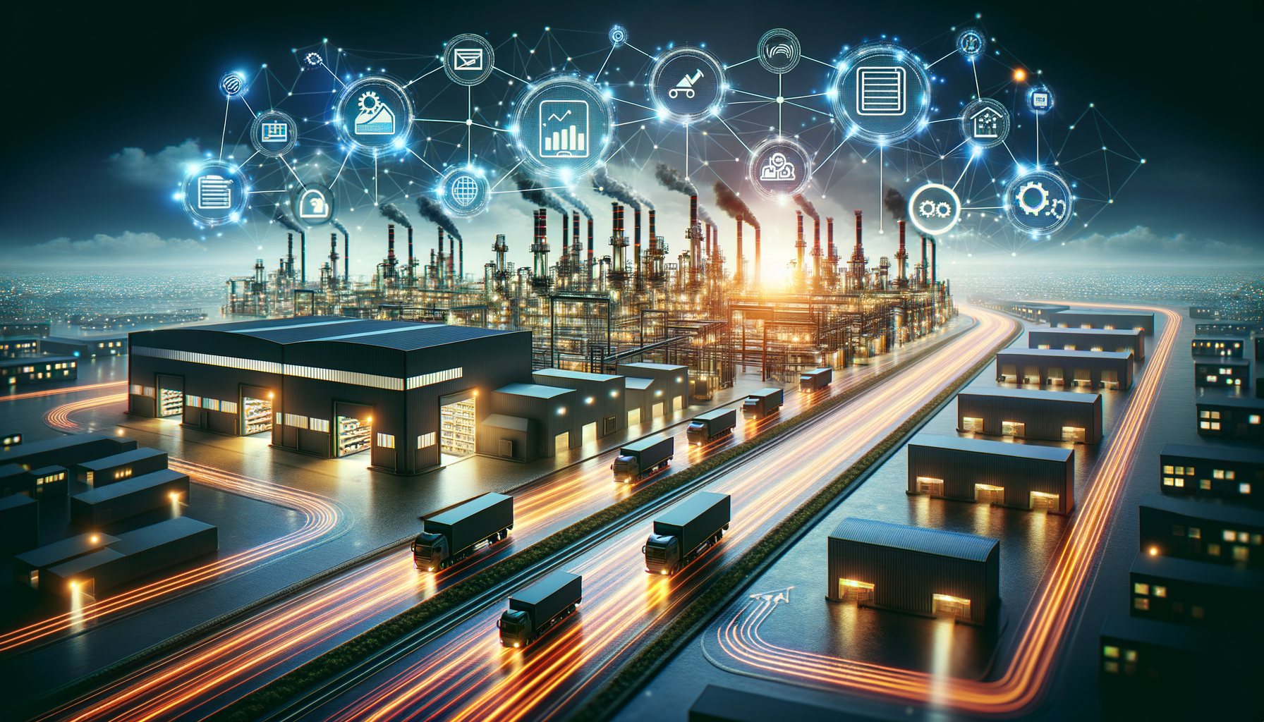 Imagem representando uma fábrica moderna com elementos digitais de integração de dados e conectividade tecnológica, simbolizando a transformação da visibilidade no supply chain