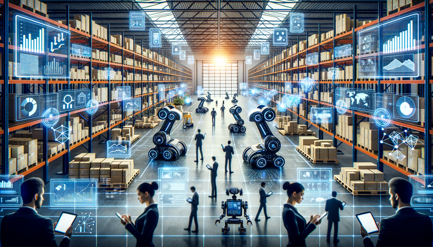 Armazém industrial automatizado com robôs e interfaces digitais para gestão de dados e redução de custos.