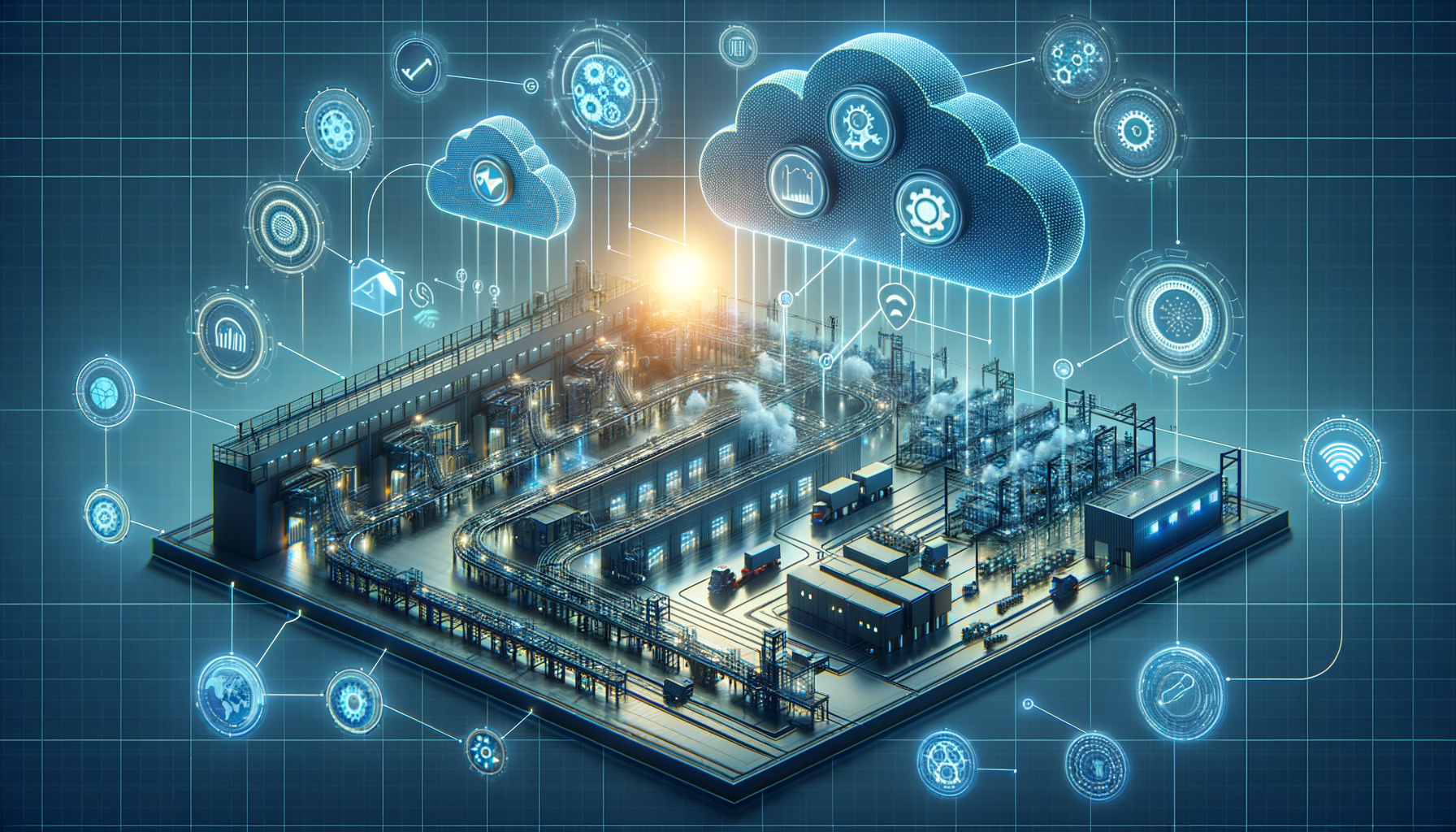 Fábrica moderna conectada com a nuvem e tecnologia avançada, representando a integração digital no supply chain.