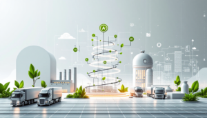 Ilustração moderna representando dados sustentáveis no supply chain com caminhões, elementos tecnológicos e folhas verdes simbolizando sustentabilidade