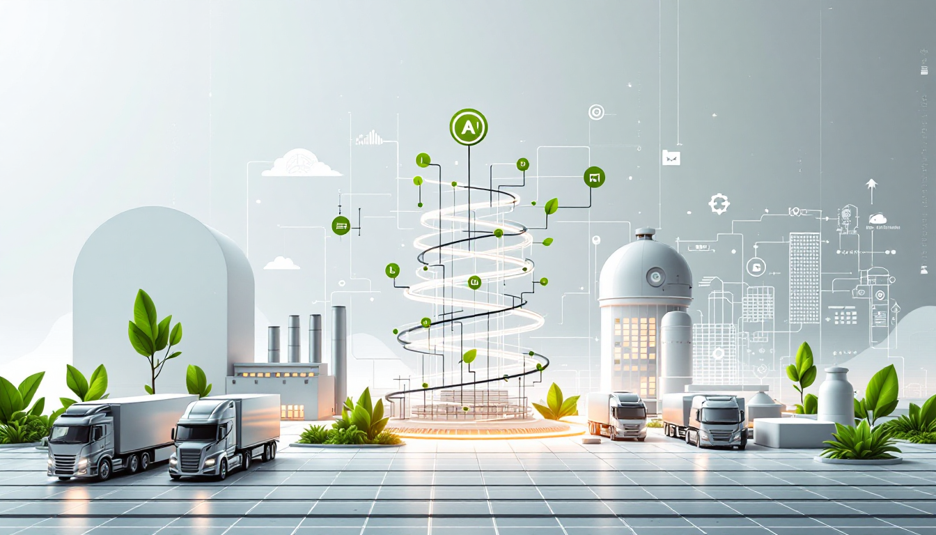 Ilustração moderna representando dados sustentáveis no supply chain com caminhões, elementos tecnológicos e folhas verdes simbolizando sustentabilidade