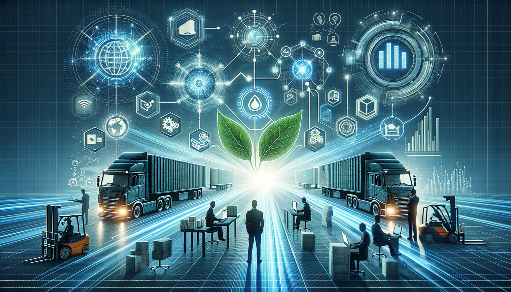 Ilustração de operações logísticas integradas, com caminhões, empilhadeiras e gráficos digitais, representando eficiência no supply chain e transformação digital