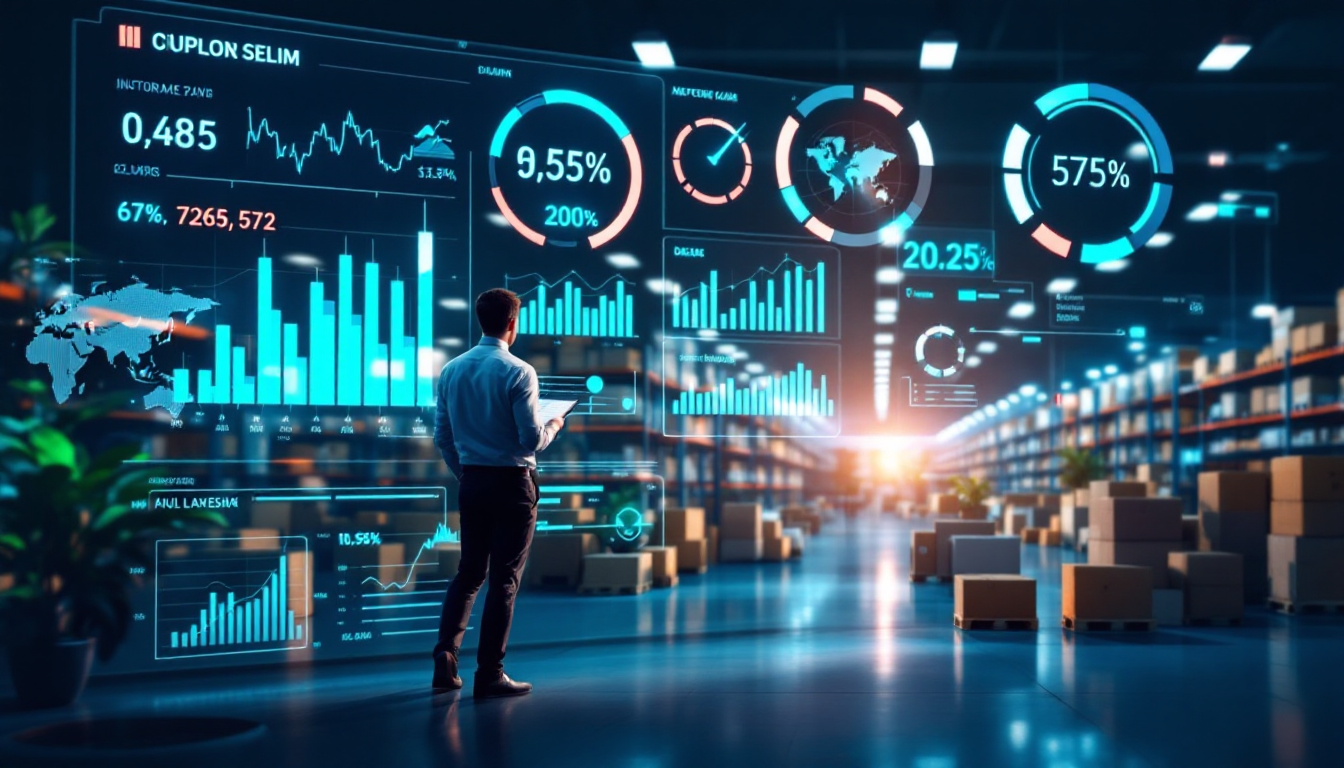 Homem analisando painéis digitais com dados de supply chain em um armazém moderno, destacando gráficos e métricas de eficiência operacional.