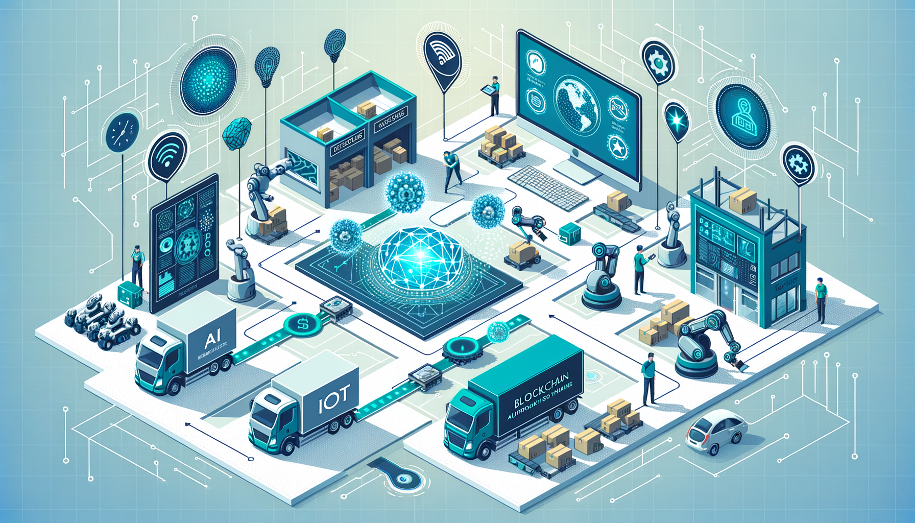 Ilustração de um ecossistema tecnológico com blockchain, inteligência artificial, IoT e automação industrial