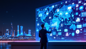 Profissional interagindo com painel digital que exibe gráficos, dados e um mapa mundial, simbolizando a integração global e a transformação digital no supply chain