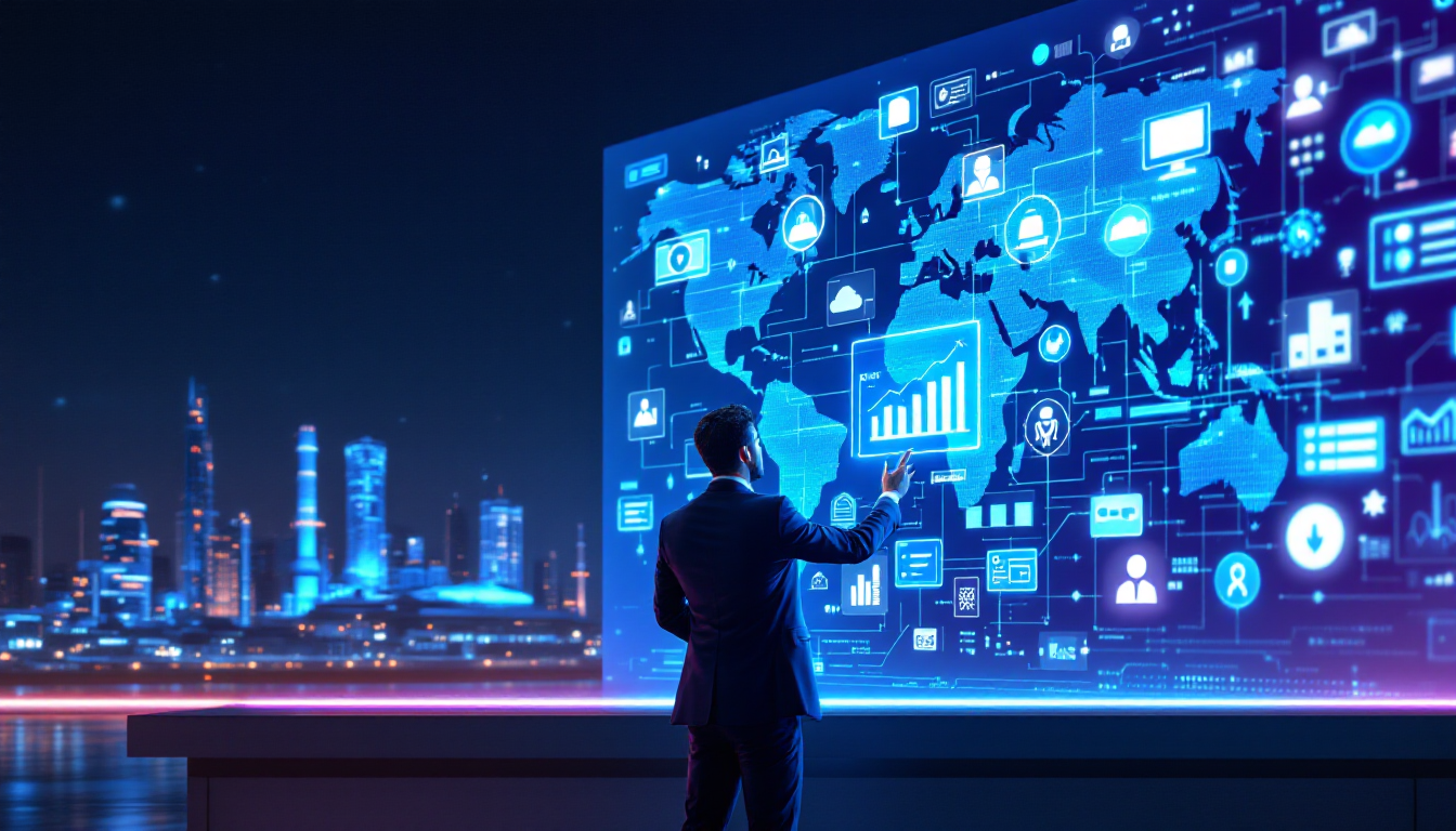 Profissional interagindo com painel digital que exibe gráficos, dados e um mapa mundial, simbolizando a integração global e a transformação digital no supply chain