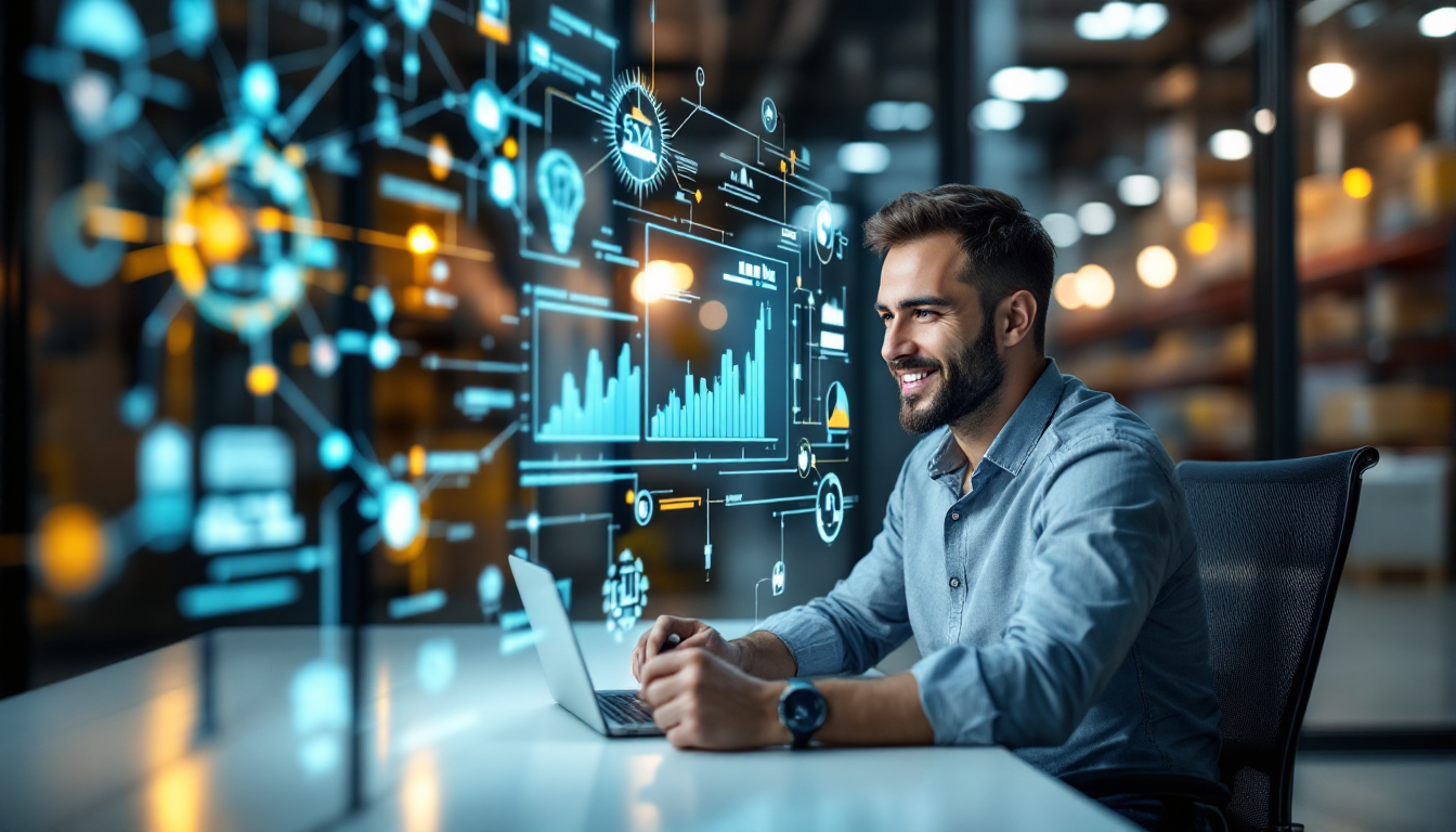 Profissional sorrindo ao analisar dados e gráficos em tela digital, representando eficiência e inovação tecnológica no supply chain