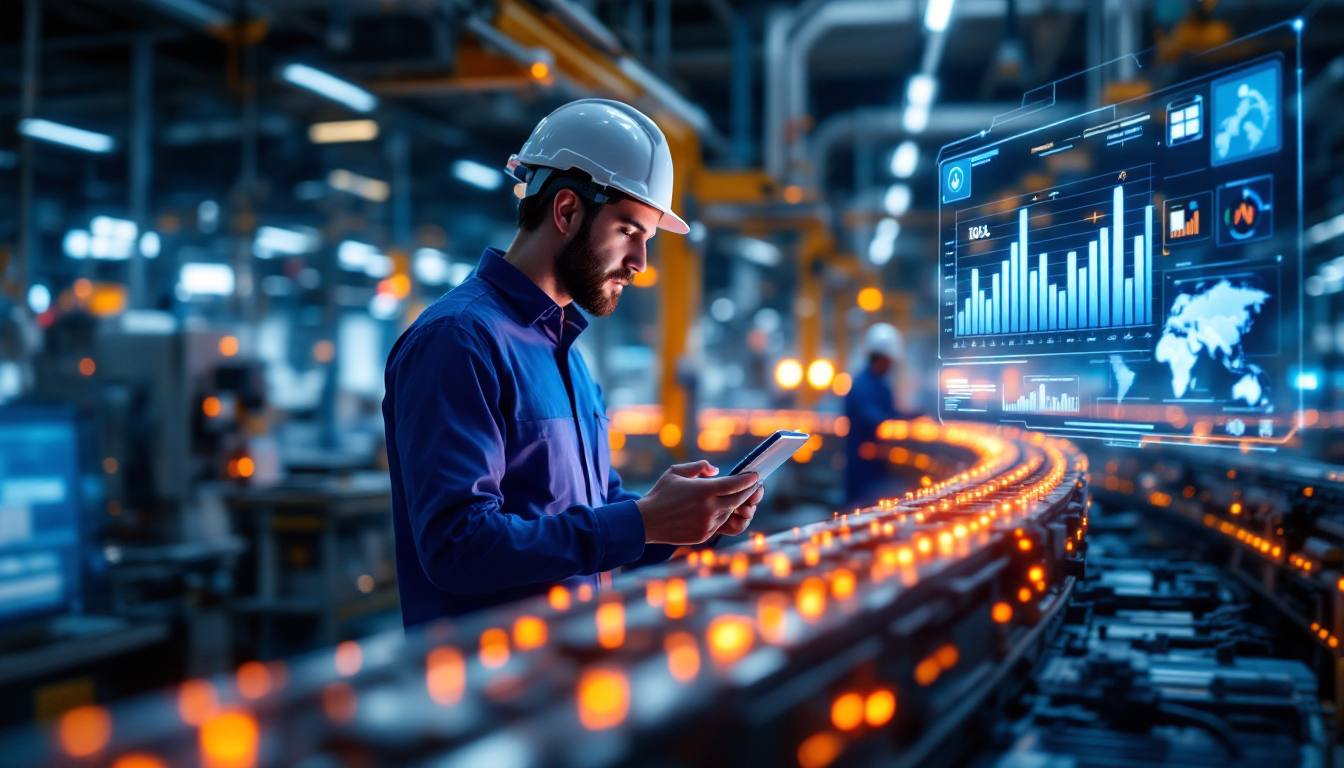 Engenheiro industrial analisando dados em uma linha de produção automatizada.