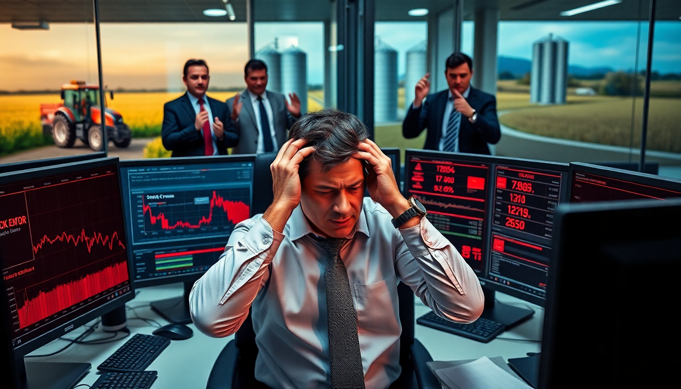 Gerente de TI em uma empresa do agronegócio, sob pressão no escritório, cercado por telas exibindo dados negativos e membros do board exigindo explicações em um cenário de caos corporativo