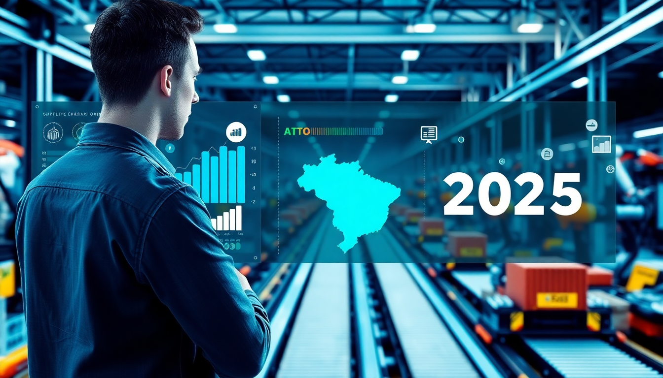 Diretor de supply chain analisando painel digital com indicadores de eficiência operacional em uma linha de produção automatizada, representando o impacto da automação no supply chain em 2025