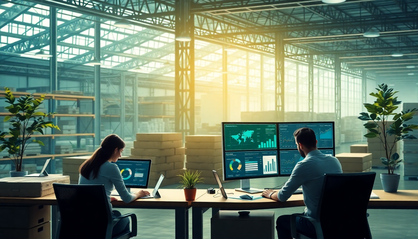 Profissionais analisando dados em tempo real em um armazém moderno, aplicando as melhores práticas para otimização de supply chain.