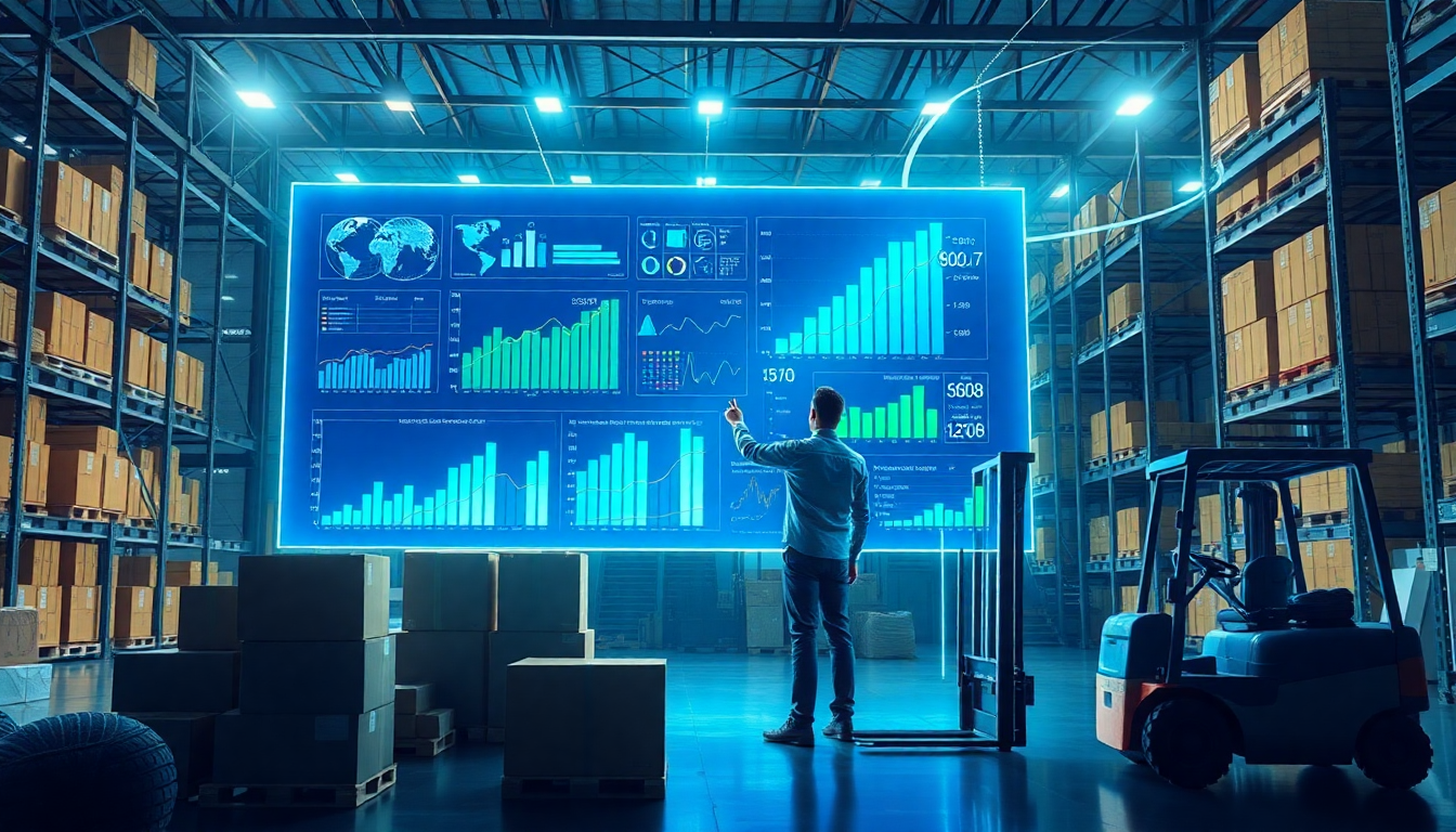 Ambiente corporativo com gráficos digitais em tempo real representando a visibilidade de dados no supply chain, destacando inovação e conectividade