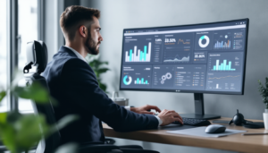 Analista de dados revisando gráficos de vendas em um dashboard moderno, destacando a análise de sell-out e insights estratégicos.