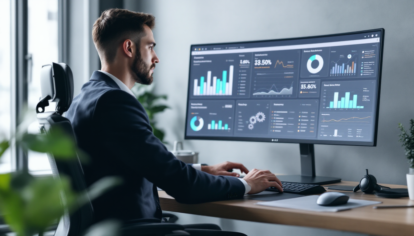 Analista de dados revisando gráficos de vendas em um dashboard moderno, destacando a análise de sell-out e insights estratégicos.