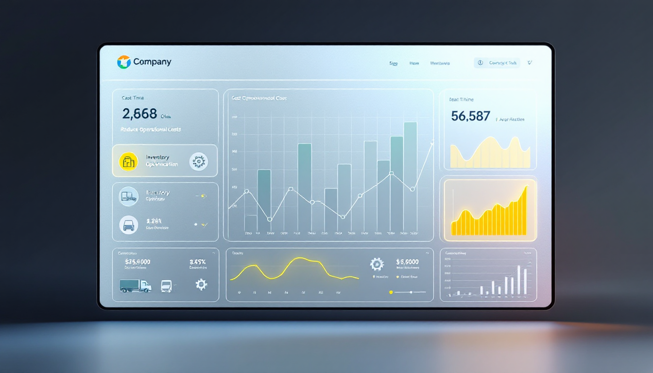 Painel de controle digital com gráficos e métricas de desempenho em tempo real, destacando otimização de inventário com o objetivo de reduzir custos operacionais e análise de dados.