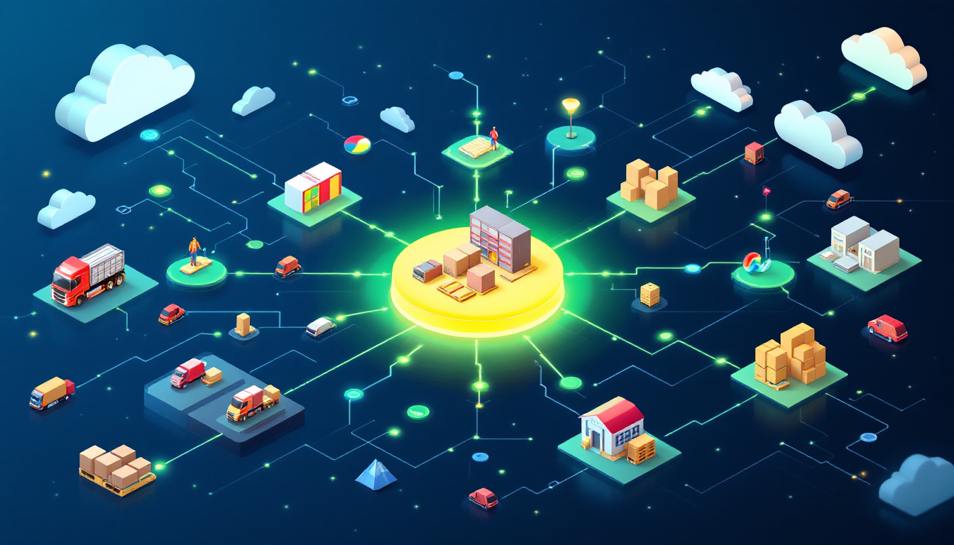 Representação de uma cadeia de suprimentos conectada, com ícones de armazéns, transporte e logística, destacando a visibilidade na gestão de estoque através da tecnologia.