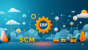 Representação visual da integração de sistemas com ícones de ERP, CRM e SCM conectados, simbolizando fluxo de dados, otimização e automação nos processos empresariais.