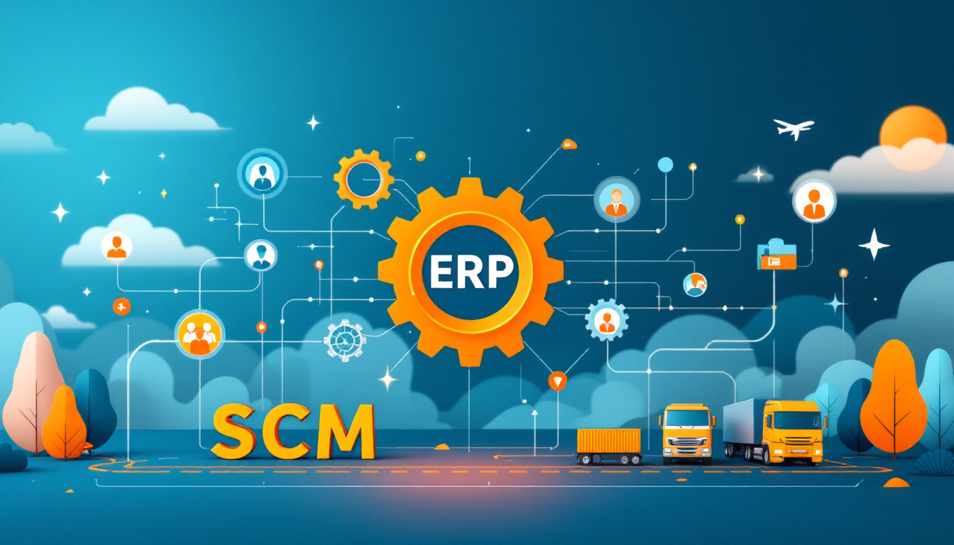 Representação visual da integração de sistemas com ícones de ERP, CRM e SCM conectados, simbolizando fluxo de dados, otimização e automação nos processos empresariais.