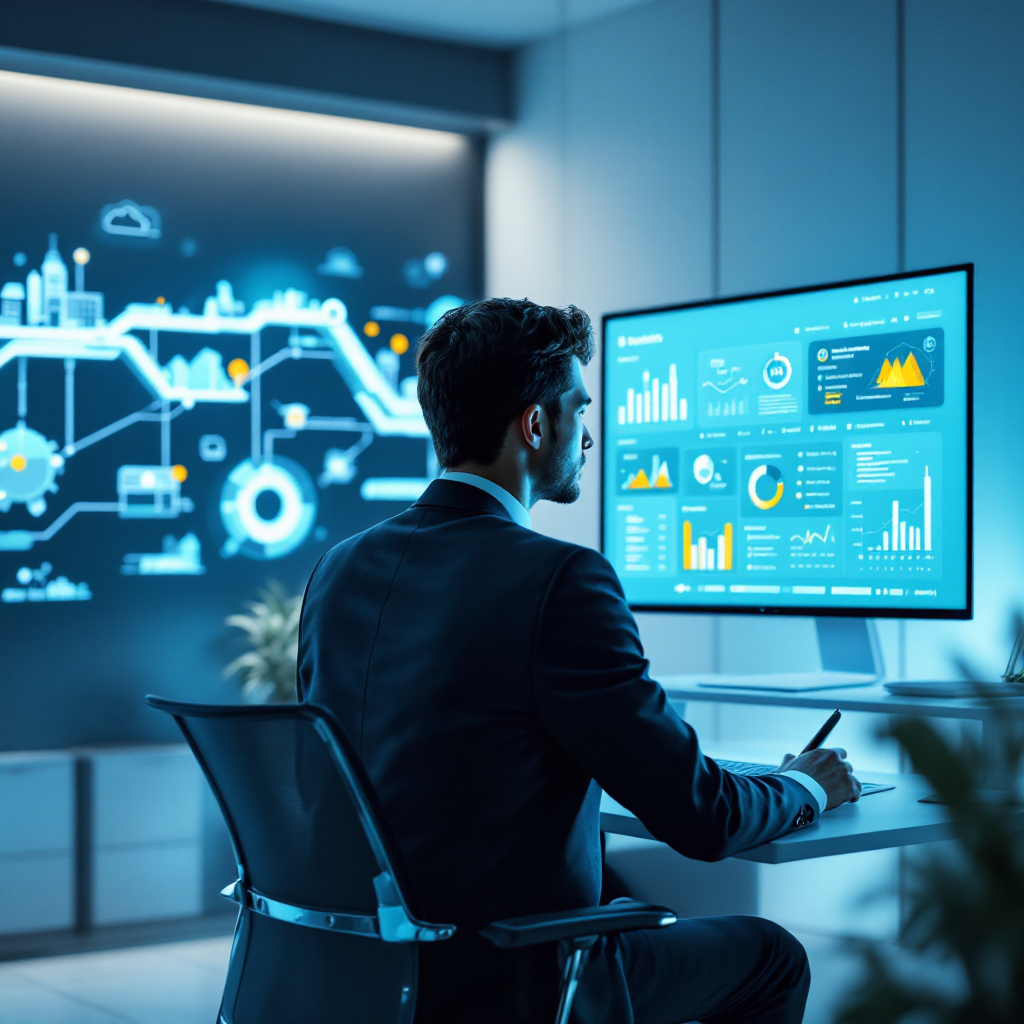 Profissional em ambiente corporativo analisa dados exibidos em um dashboard digital relacionado à rastreabilidade sustentável e performance empresarial